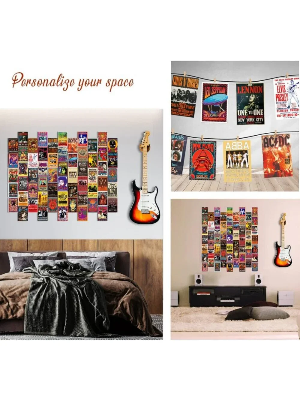 60 Vintage Rock Band Posters Set - Retro 70s 80s 90s Concert Wall Art Collage